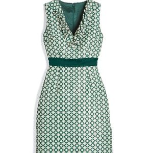 Anna Sui Green and Cream Patterned Sleeveless Ruffle Dress